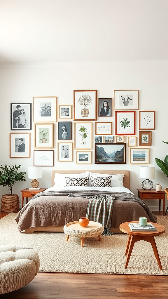 A cozy living room featuring an eclectic gallery wall with various framed artworks and photographs.
