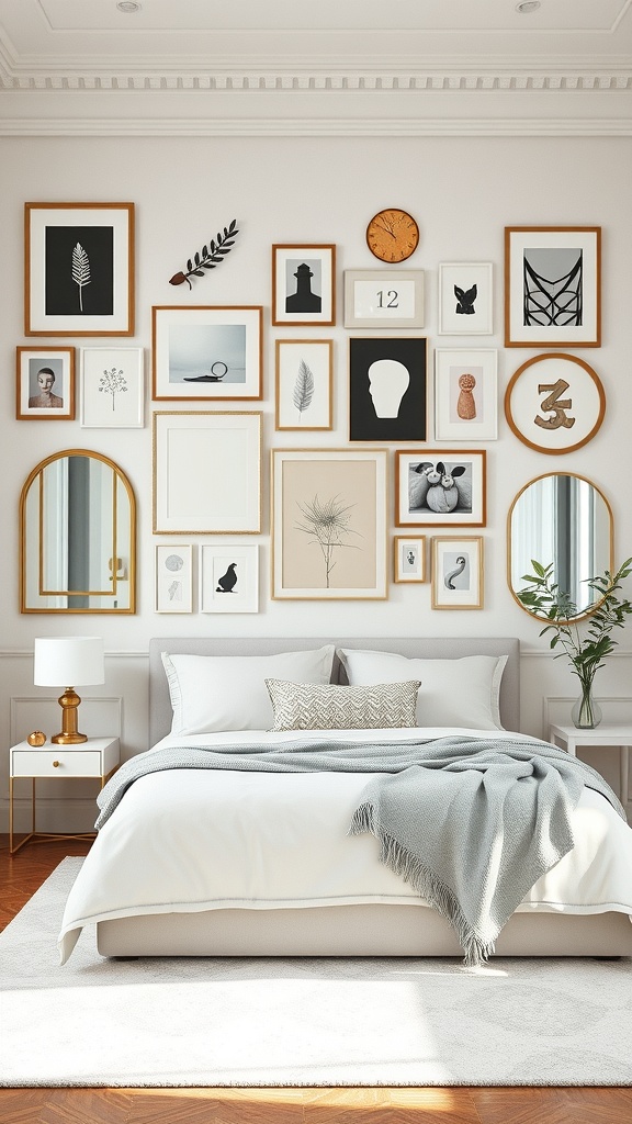A stylish bedroom featuring an eclectic gallery wall with various framed artworks and mirrors.