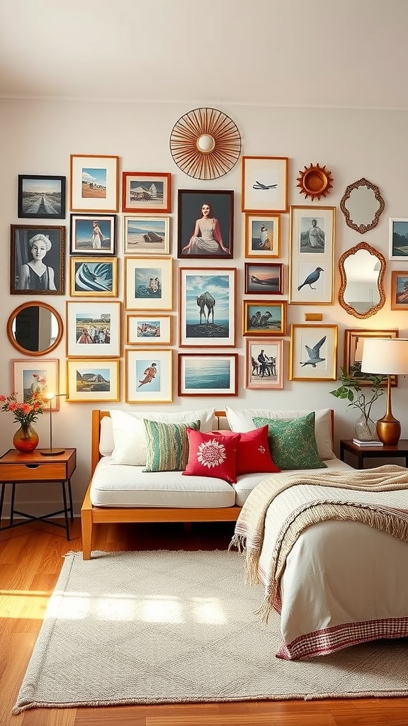 A cozy bedroom featuring an eclectic gallery wall with various framed artworks, a comfortable couch, and decorative pillows.