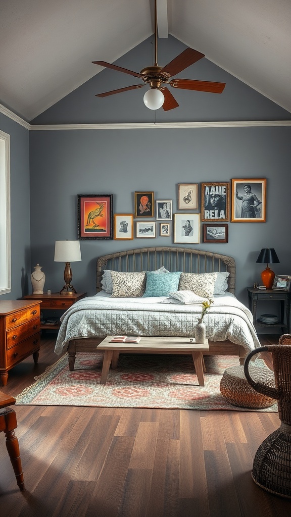 A cozy gray bedroom featuring a bed with light linens, vintage furniture, and a gallery wall of framed art.