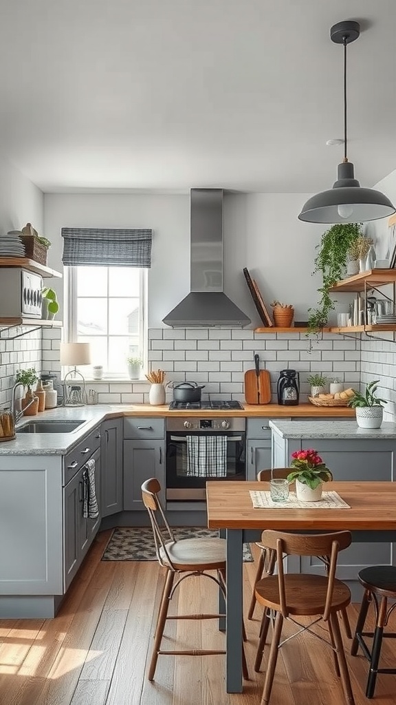 An eclectic grey kitchen featuring grey cabinetry, wooden countertops, open shelves, and plants.