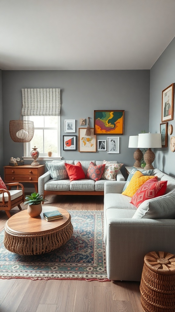 A stylish grey living room featuring colorful cushions, a round coffee table, and eclectic artwork on the walls.