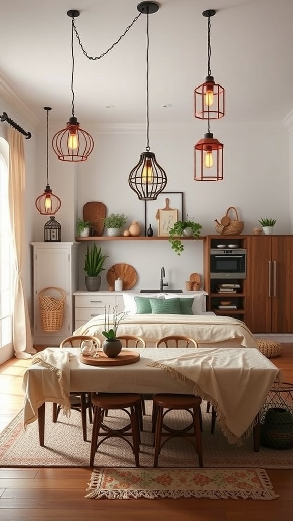 A boho kitchen featuring eclectic lighting fixtures with various designs hanging from the ceiling.