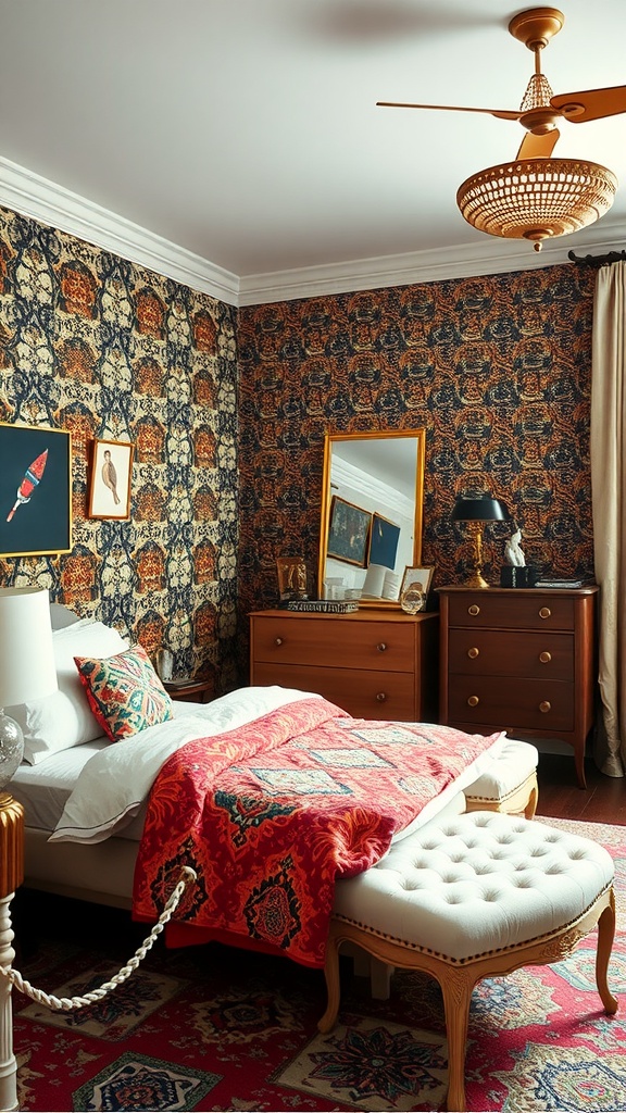 A stylish teen girl's bedroom featuring a bold wallpaper design, vibrant bedding, and eclectic decor.