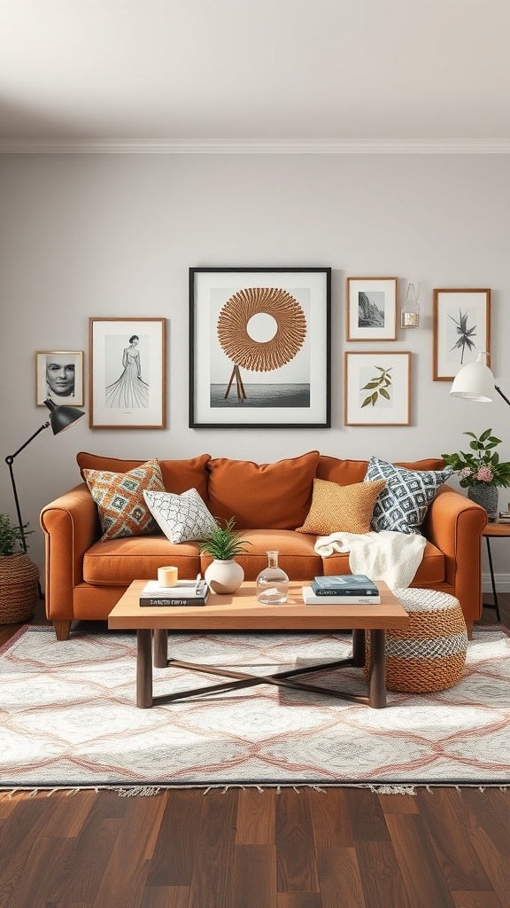 Cozy living room featuring a brown couch, eclectic wall art, and stylish accessories.