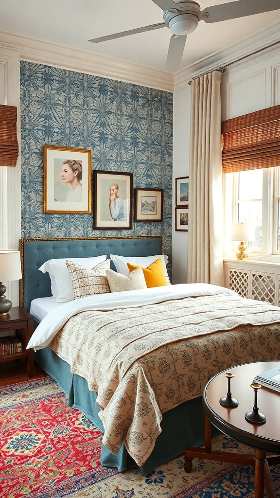 A cozy bedroom featuring blue patterned wallpaper, layered bedding, and eclectic artwork.