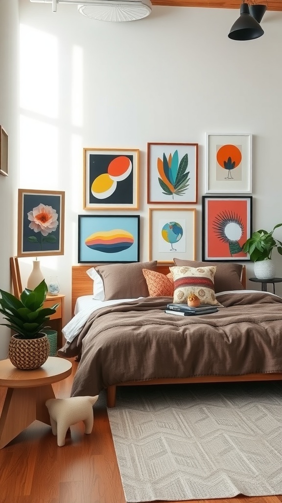 A cozy bedroom featuring an eclectic mix of colorful art prints on the wall above the bed.