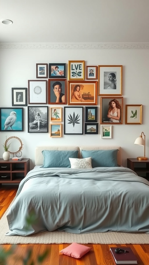 A bedroom with a picture wall featuring an eclectic mix of art styles, including portraits and nature prints, above a neatly made bed with blue bedding.