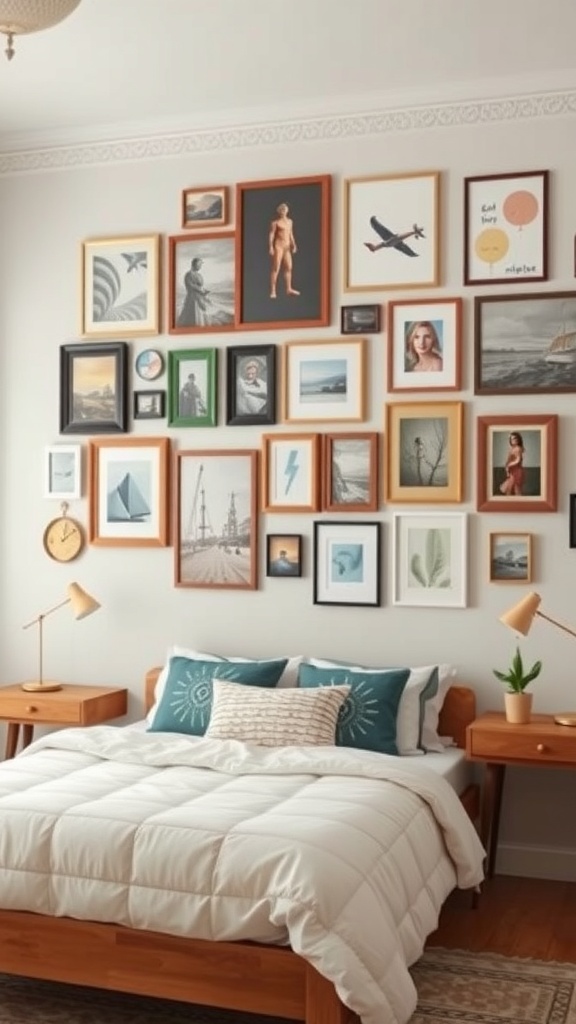 Eclectic mix of frames and art displayed on a bedroom wall above a bed.