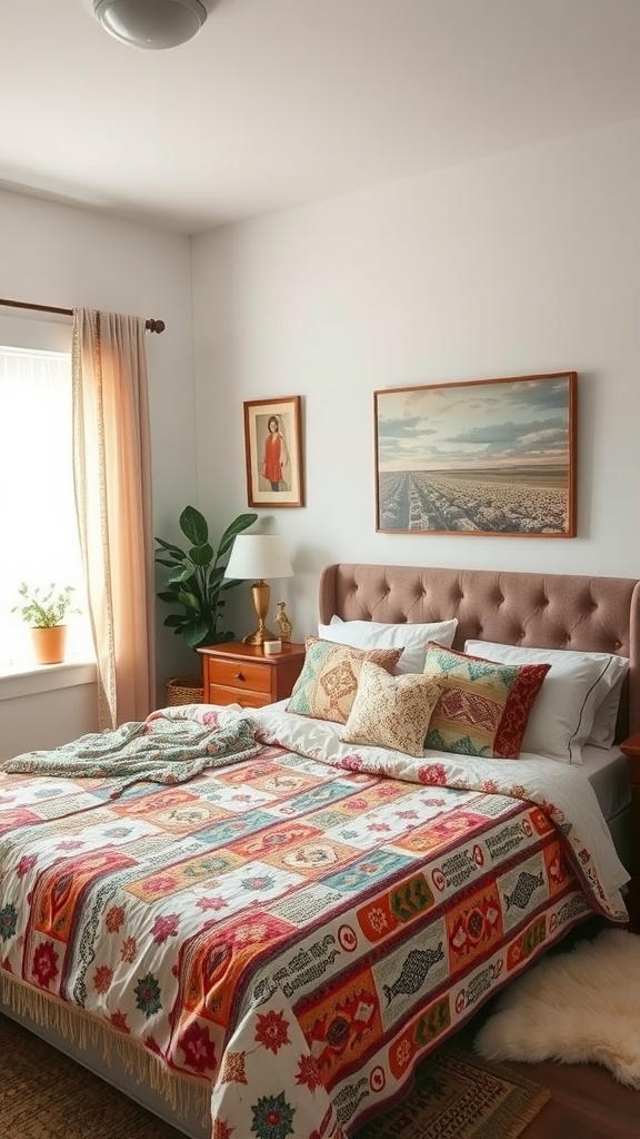 A cozy bedroom featuring a colorful patterned bedspread and a mix of decorative pillows.