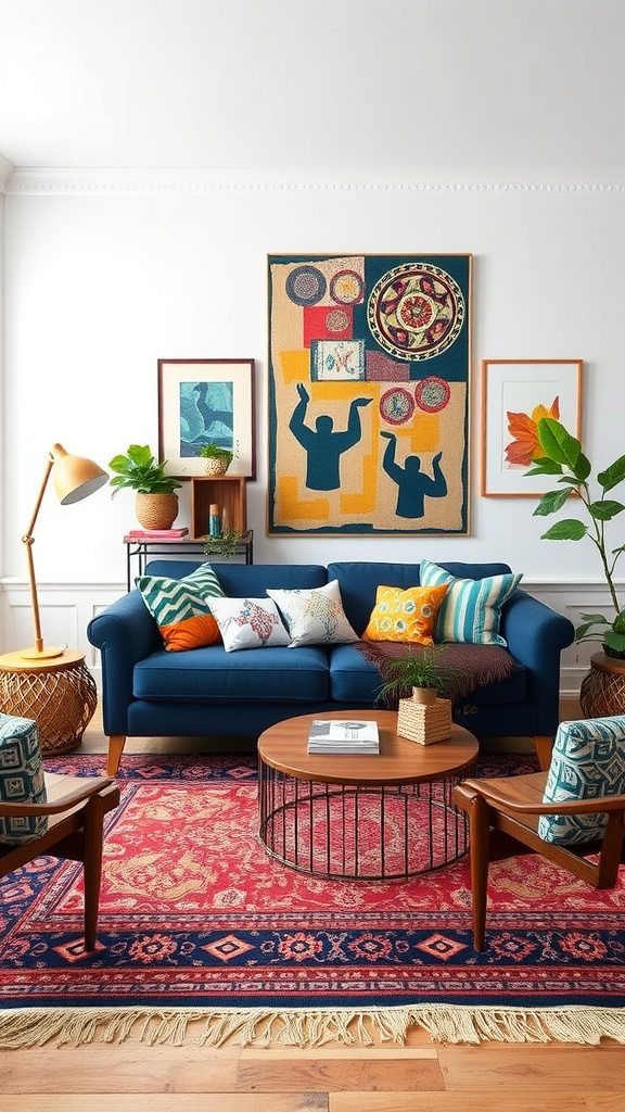 A cozy living room featuring a navy blue sofa, colorful throw pillows, an intricate area rug, and a modern coffee table.