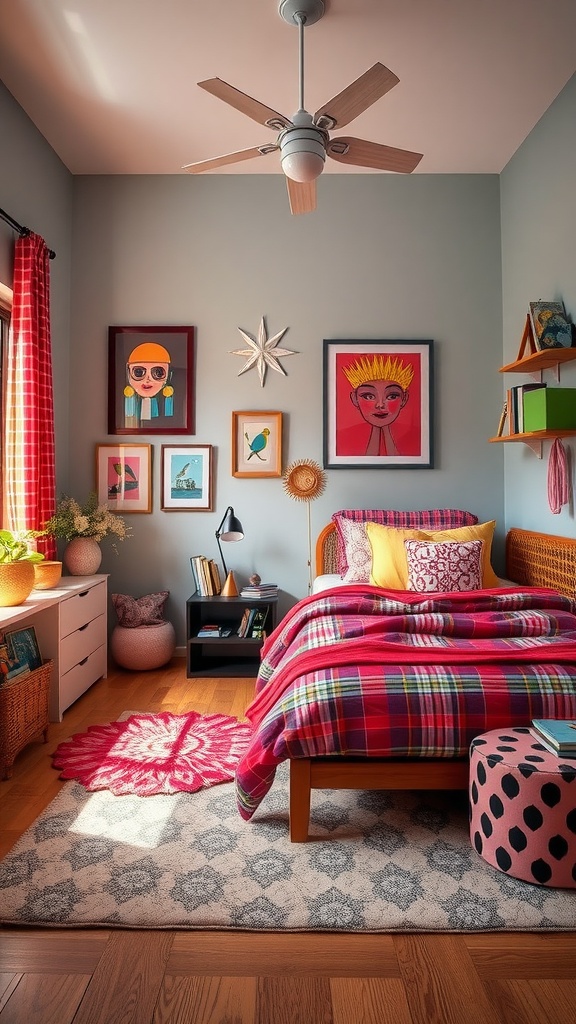 A stylish teen bedroom featuring a mix of colorful patterns, artwork, and cozy furnishings.