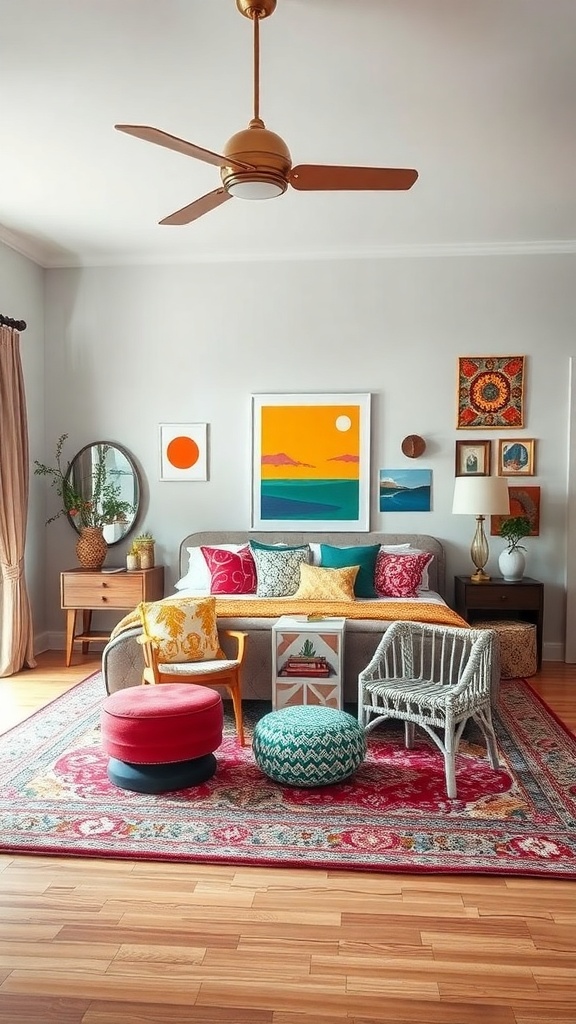 A cozy living room featuring a mix of colorful cushions, a vibrant rug, and eclectic artwork.