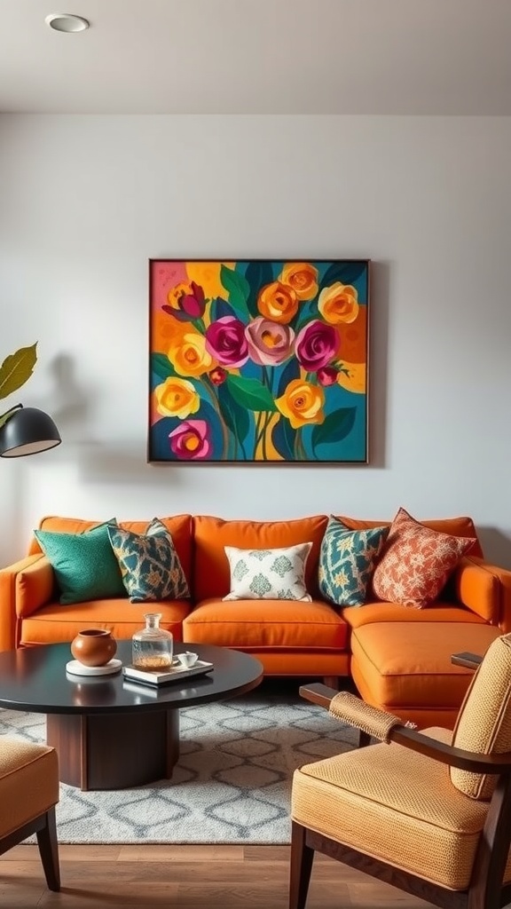 A vibrant living room featuring an orange sofa, colorful patterned pillows, and a floral artwork.