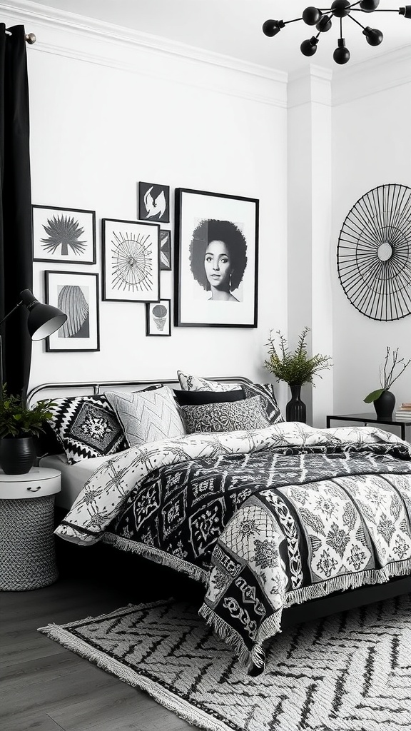 A black and white bedroom featuring a mix of patterns on bedding, framed art on the walls, and decorative elements.