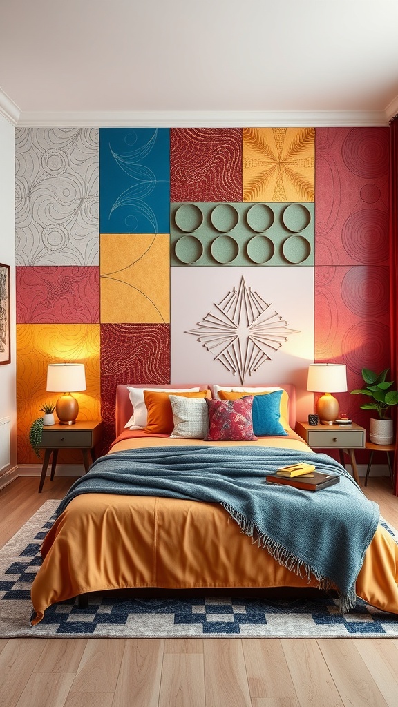 A bedroom featuring a colorful wall with various 3D wall panels and a cozy bed with mixed bedding.
