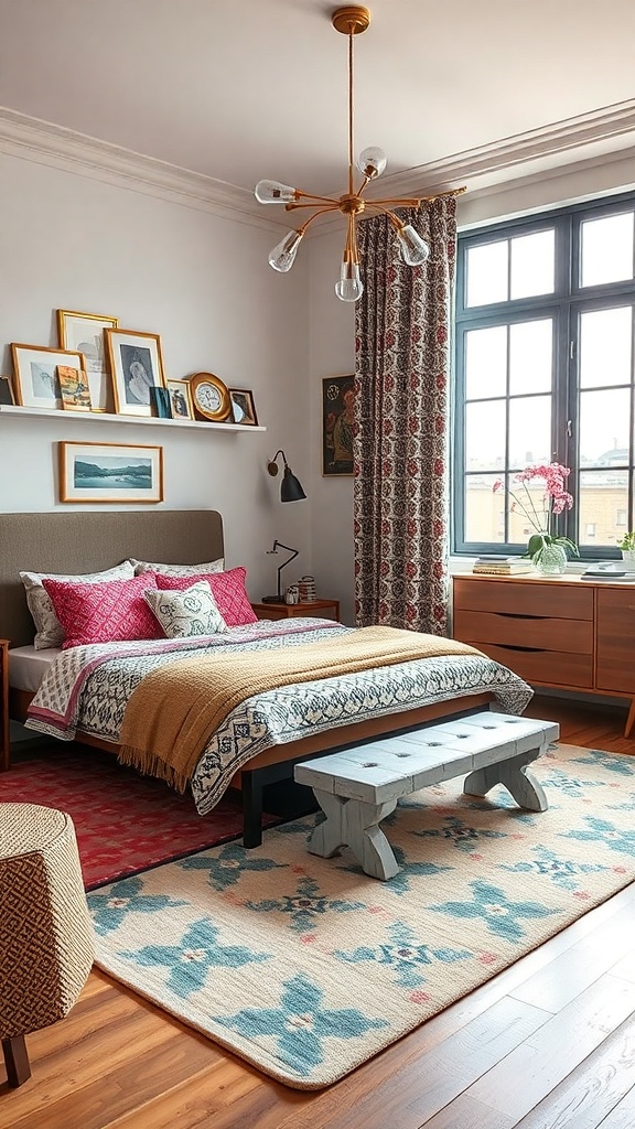 A cozy bedroom featuring a mix of colorful patterns and textures, with a quilted bedspread, patterned curtains, and a floral area rug.