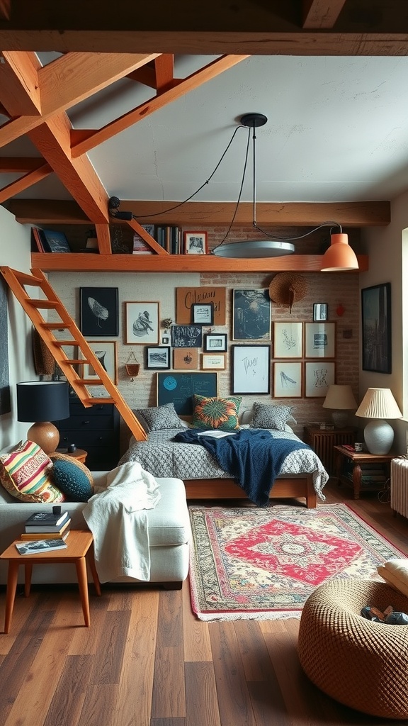 Cozy loft bedroom with wooden beams, eclectic decor, and a mix of modern and rustic elements.