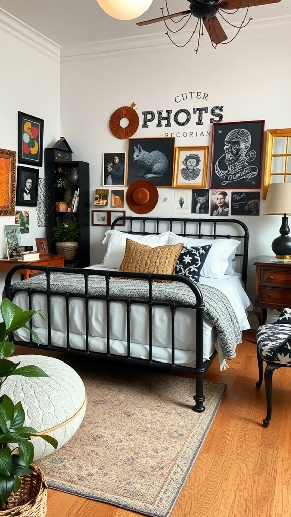 A cozy bedroom featuring a black metal bed frame, eclectic wall art, and a mix of furniture styles.