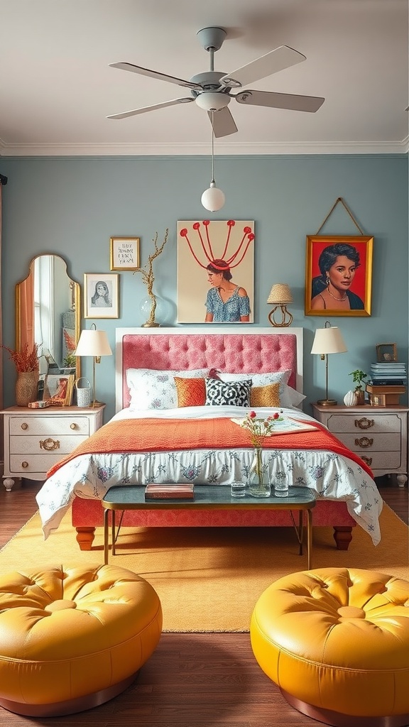 A vibrant bedroom featuring a pink tufted bed, yellow poufs, and eclectic artwork on blue walls.