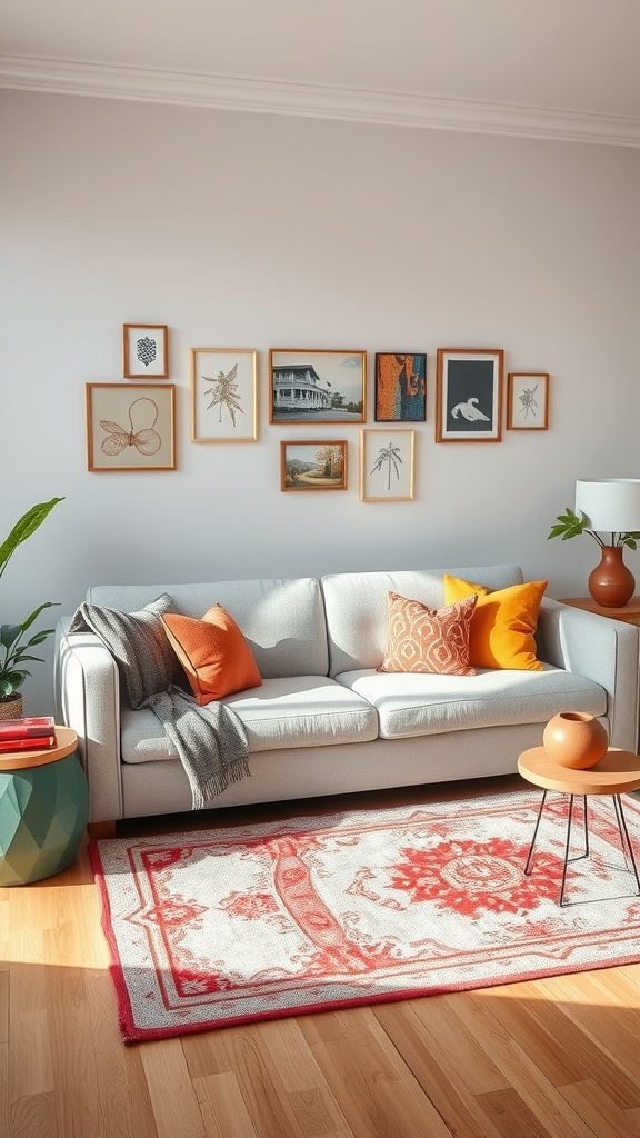 A light grey couch with colorful pillows in a living room featuring a gallery wall and a patterned rug.