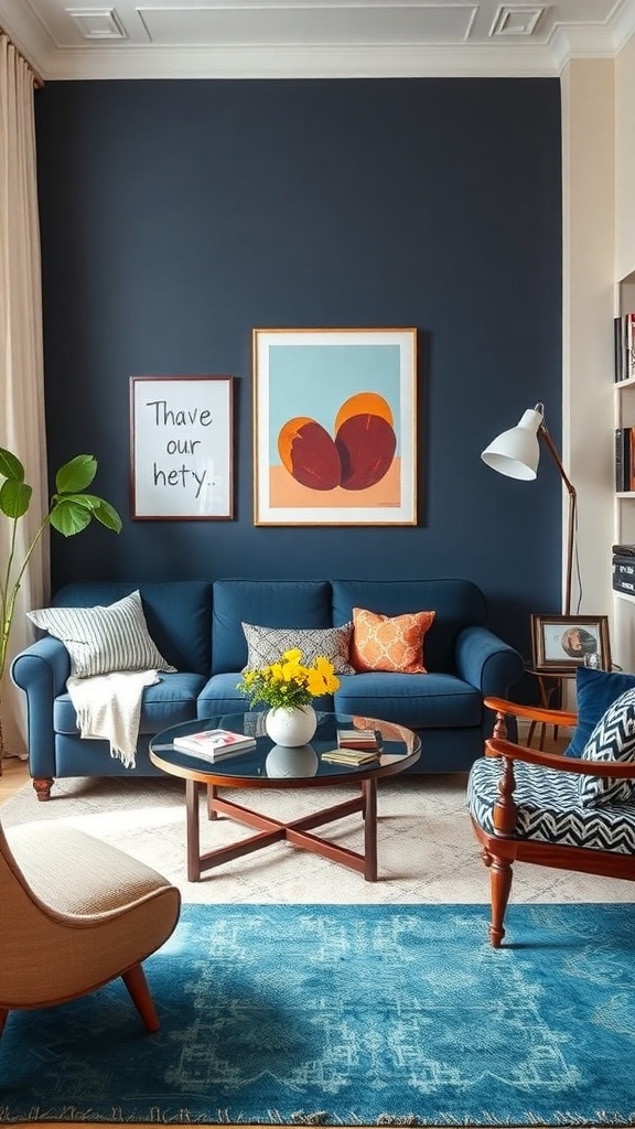 A cozy living room featuring a navy blue sofa, colorful artwork, patterned cushions, and a bright blue rug.