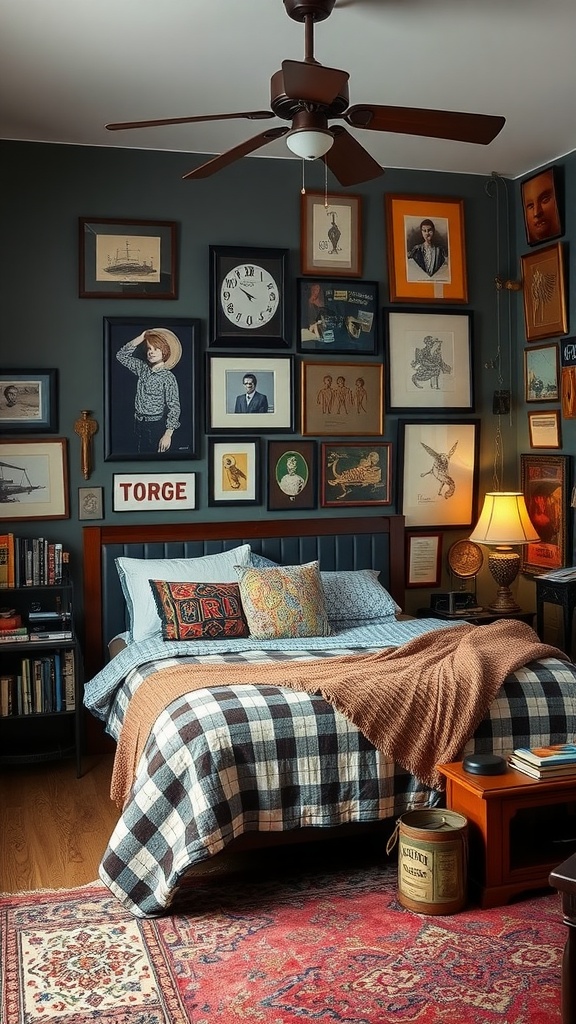 A cozy bedroom with an eclectic mix of vintage decor, a plaid comforter, and a gallery wall of framed art.