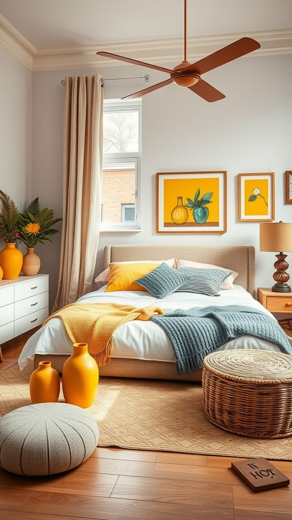 A cozy bedroom featuring mustard yellow decor with a warm color palette and eclectic design elements.