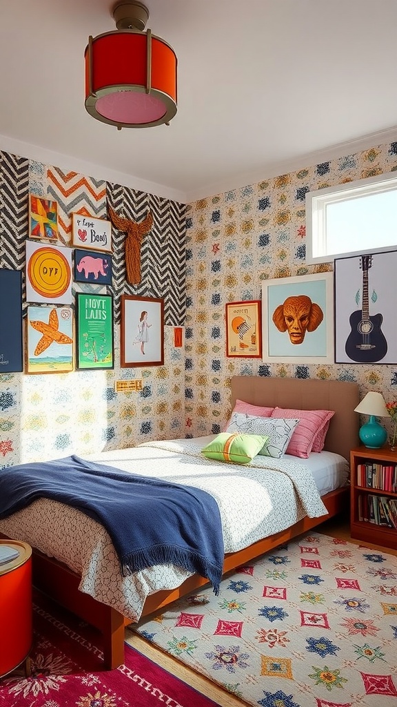 A colorful bedroom with eclectic patterns on the walls and various framed art pieces.