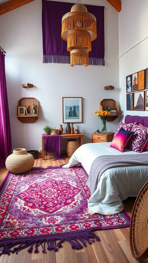 A cozy purple bedroom featuring a fringed chandelier, patterned rug, and bohemian decor.