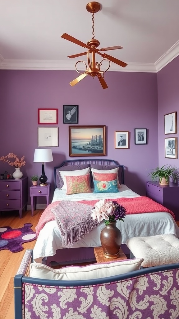 A cozy purple bedroom featuring eclectic decor with colorful pillows, framed artwork, and plants.