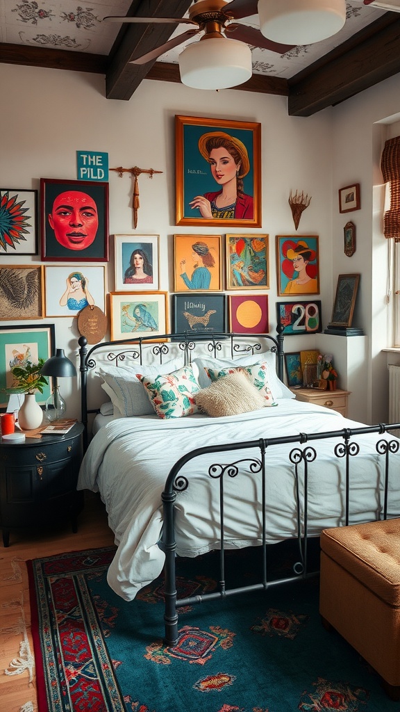 A cozy bedroom with a metal bed frame, colorful artwork on the walls, and a warm rug.