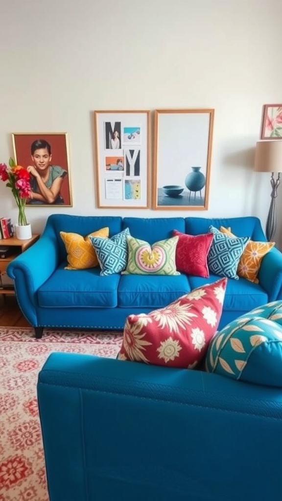 A blue sofa with colorful patterned pillows in a stylish living room setting.
