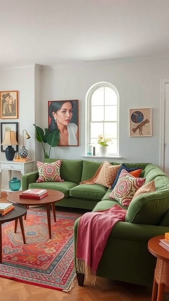 A cozy living room featuring a green sectional sofa, colorful throw pillows, a patterned area rug, and various artworks on the walls.