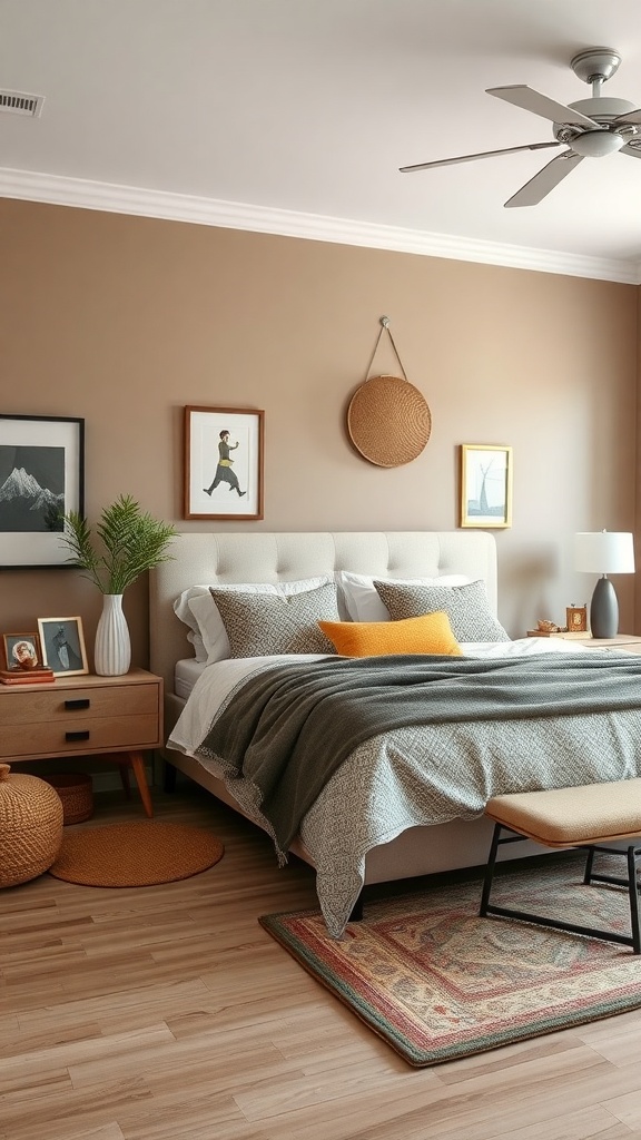 Cozy taupe bedroom with eclectic decor, featuring a bed with patterned pillows, a wooden nightstand, and decorative wall art.
