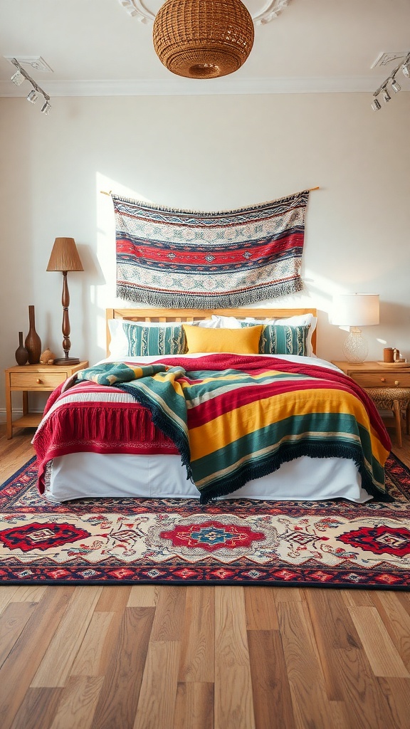 A bohemian bedroom featuring a bed with colorful blankets and a patterned rug, complemented by a woven tapestry on the wall.