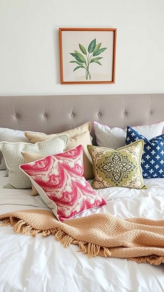 A bed adorned with an eclectic collection of throw pillows in various colors and patterns, complemented by a cozy blanket.