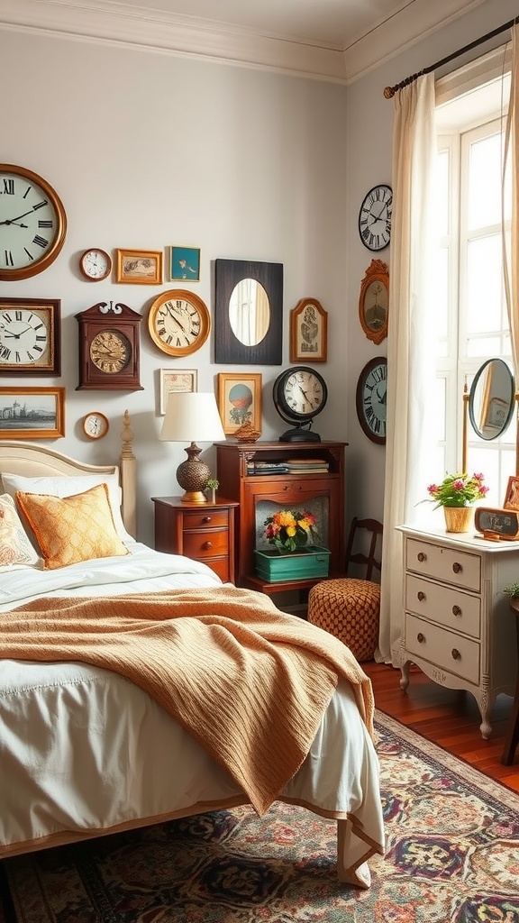 A vintage bedroom with various clocks on the wall, a cozy bed with an orange blanket, and wooden furniture.