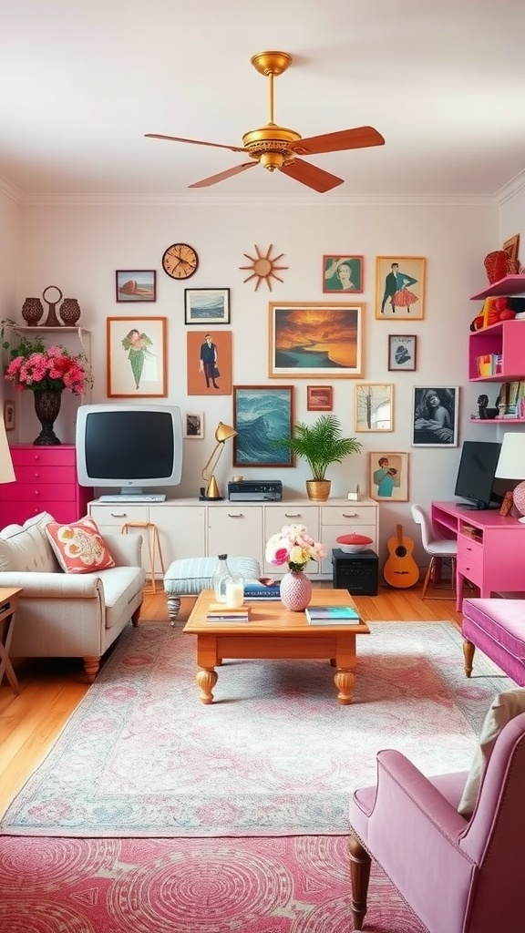 A cozy living room featuring eclectic vintage decor in pink, with wall art, a pink armchair, and a coffee table.