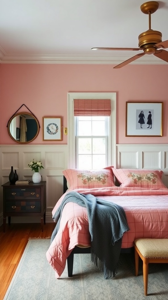 A cozy bedroom featuring pink walls and white wainscoting, with a comfortable bed and eclectic decor.