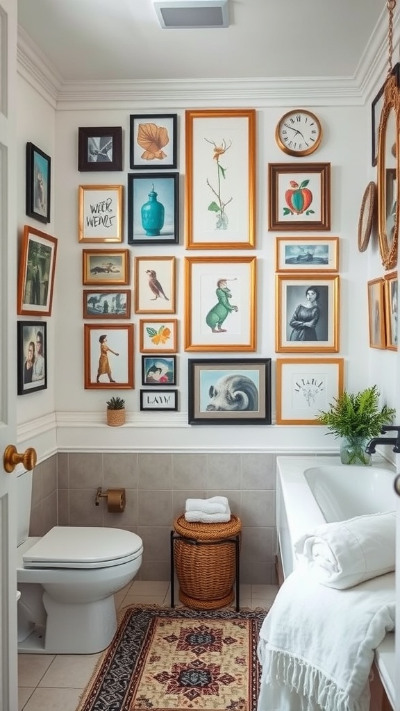 A bathroom wall decorated with eclectic framed art pieces in various styles and colors.