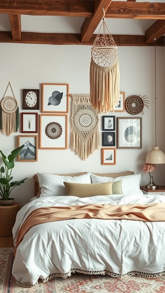A boho bedroom featuring an eclectic wall art display with various framed artworks and macramé hangings.