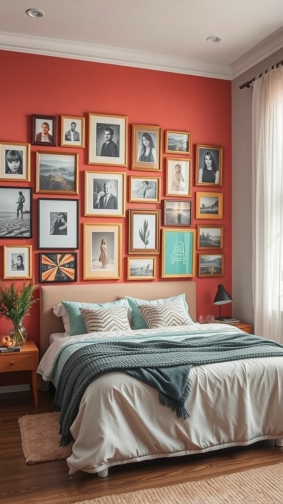 A cozy bedroom featuring a vibrant red wall with an eclectic gallery of framed art, including portraits and landscapes, alongside a neatly made bed.