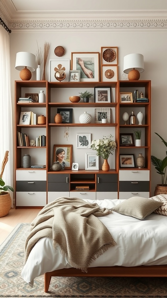 Eclectic wall unit in a living room with books, decorative items, and personal photos.