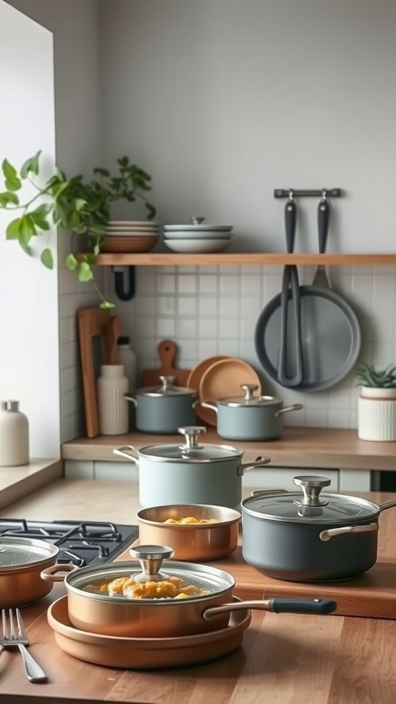 A modern kitchen featuring eco-friendly cookware, including various pots and pans, arranged neatly on wooden shelves and a countertop.