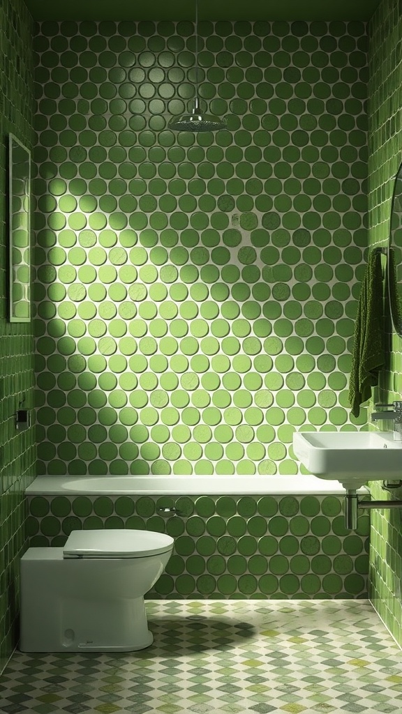 Bright green penny tiles on bathroom walls and floor, showcasing a fresh eco-friendly design