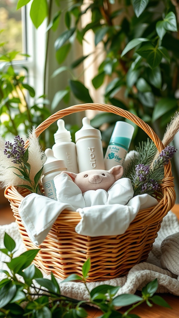 A wicker basket filled with eco-friendly baby items, including baby bottles and a plush toy, surrounded by greenery.