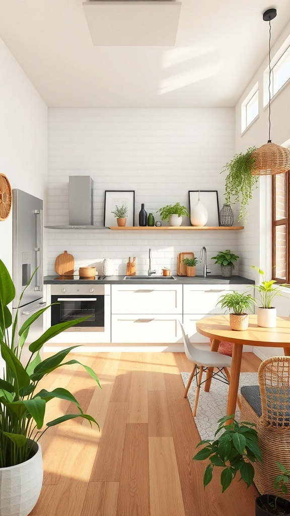 A modern kitchen featuring bamboo flooring, white cabinets, and plants for an eco-friendly look.