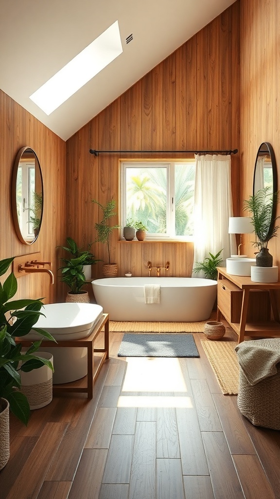 A serene bathroom featuring bamboo flooring, wooden walls, and natural decor.