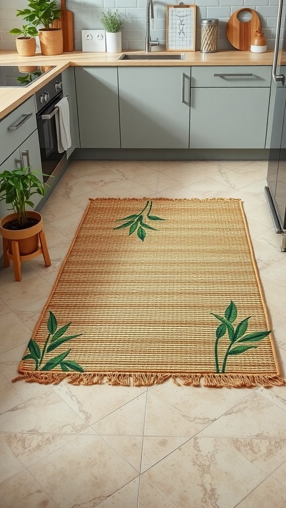 A bamboo rug with green leaf designs placed in a modern kitchen